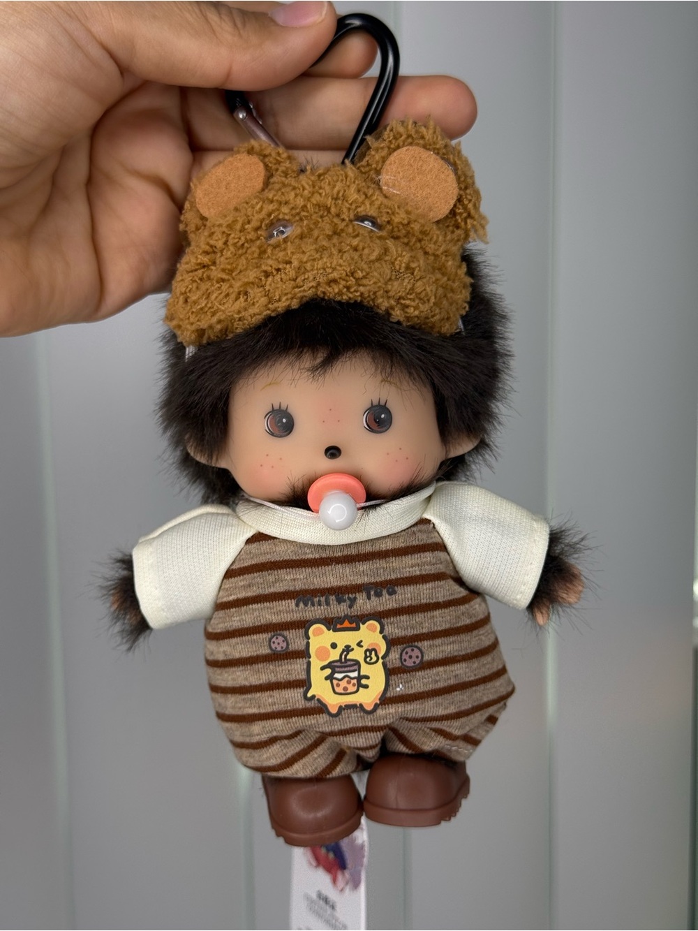 Monchichi Plush Brown Bear-Hat Doll Keychain/Bag Charm
